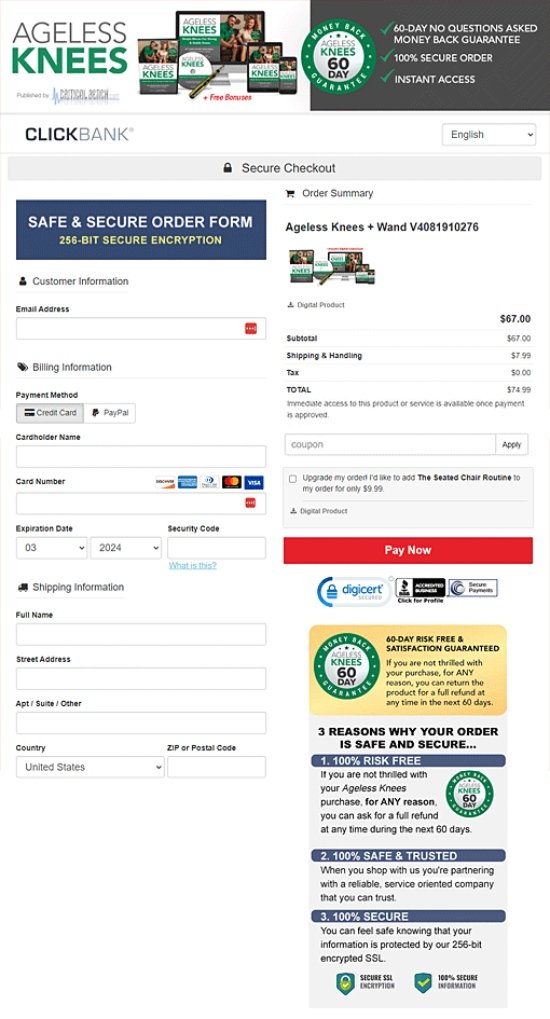 Secure payment for Ageless Knees program with encrypted checkout and safe credit card processing